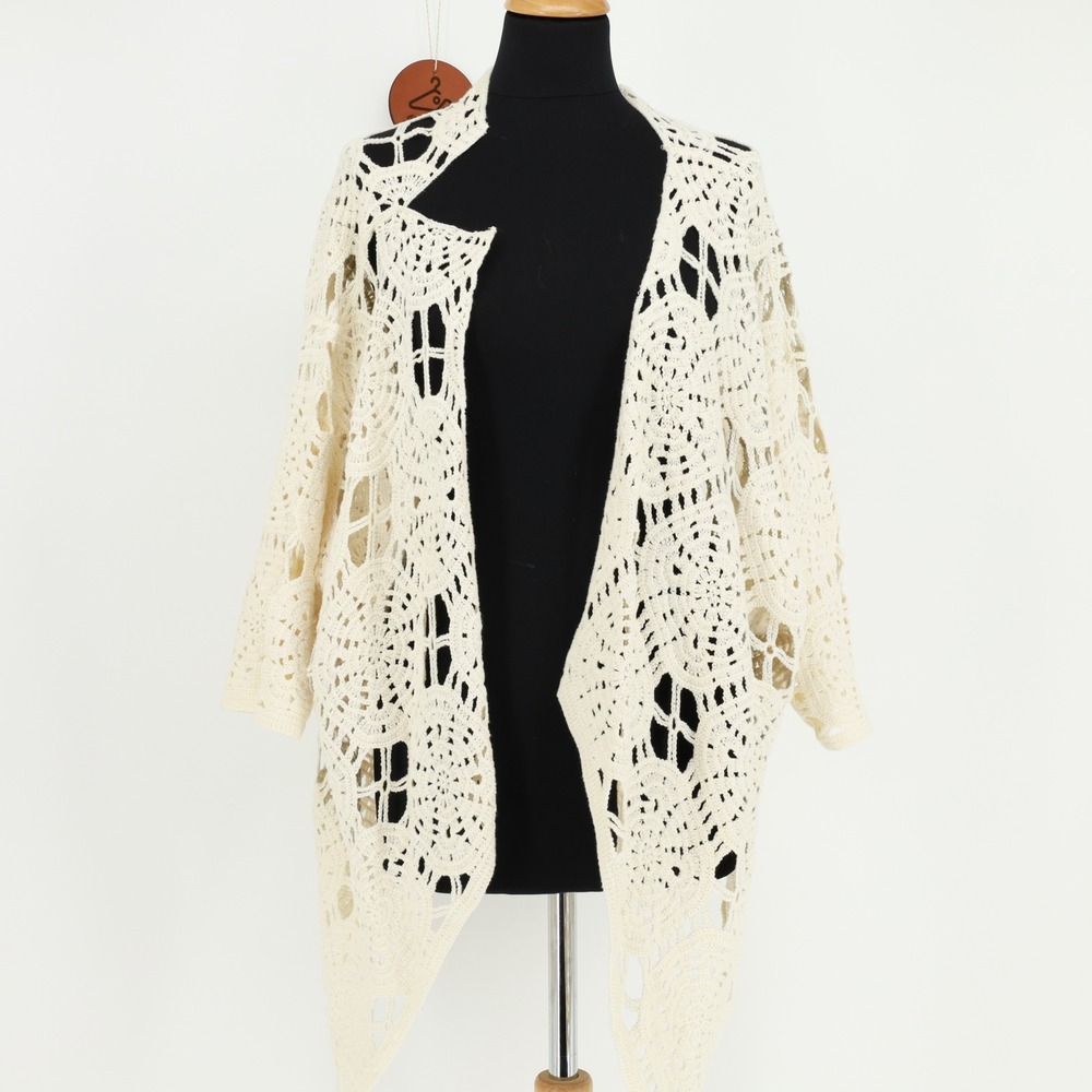 Soft Surroundings Womens Cream Cotton Crochet Open Front Cardigan Size L/XL Boho